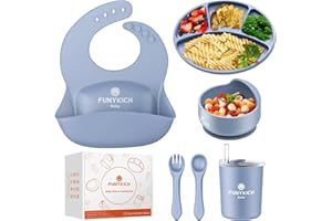 FUNYKICH 7Pcs Vajilla Bebés de Silicona Ventosa Azul, Juegos Sin BPA Vajilla Antideslizante Bebés, con Platos, Tazón, Cuchara, Babero, Tenedor, Taza, Cepillo de Pajitas, para Infantil