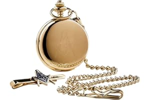 THE LUXURY VAULT Gold Freemason Pocket Watch and Tie Bar Clip Masonic Gift Set in Case Full Hunter with Wooden Box