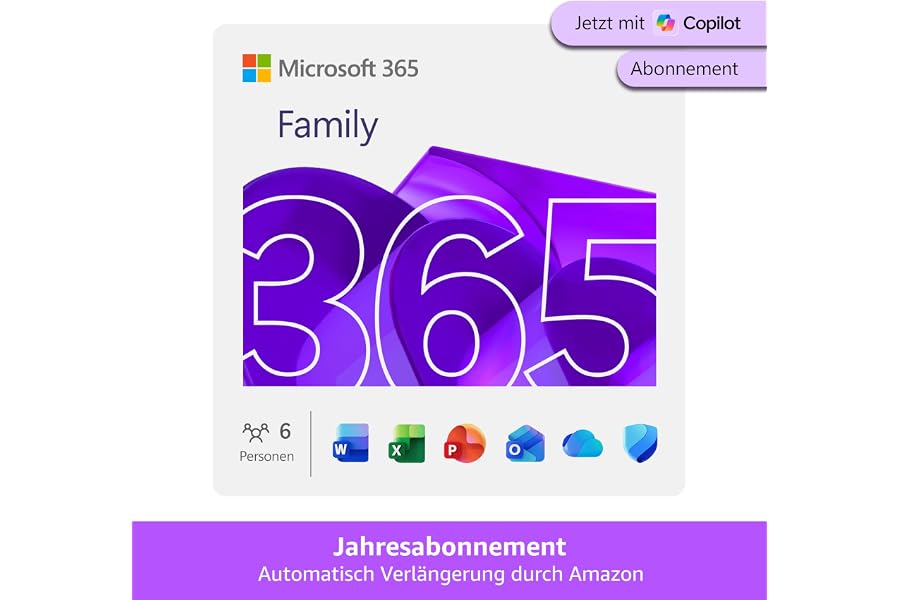 Microsoft 365 Family | 1 Jahr | bis zu 6 Personen | Office Apps mit KI | bis zu 6 TB Cloudspeicher | Amazon Abonnement mit au