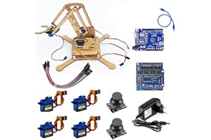 DIY Robotic Arm Kit with UNO SMD Board, SG90 Servos, Sensor Shield, and MDF Parts - Includes Joystick Modules, Jumper Wires, and QR Code for Instructions