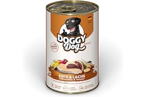 DOGGY Dog Paté Canard & Saumon, 6 x 400 g, Nourriture Humide pour Chien, sans céréales, avec Huile de Saumon et Moule à lèvres Vertes, Aliment Complet avec patate Douce et Tomate, fabriqué en