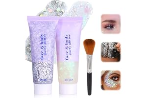 BMHNQ 2 Pezzi Chunky Glitter Gel per Capelli e Corpo - Trucco Sirena Paillettes per Viso, Unghie, Occhi, Labbra, Capelli, Corpo, Feste in Maschera (Bianco + Argento)
