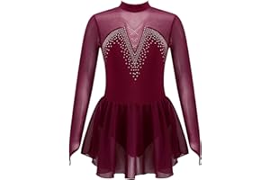 ranrann Robe Patinage Artistique Fille Enfant Manche Longue Strass Justaucorps Gymnastique Robe Danse Classique Ballet Bodysuit Sport Brillant Costume Spectacle 5-14 Ans