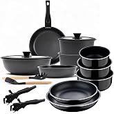 Bergner 10 Piece Cookware Set | Removable Handle, 3 Frying Pans, 2 Saucepans, Lids and Utensils + Gift 3 Saucepans &Oslash;16&Oslash;18&Oslash;20c
