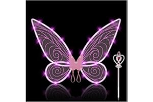 Moocuca Ali di farfalla luminose per adulti con una bacchetta fatata, Ali di farfalla per bambini, Ali di fata per adulti, Festa a tema comico cosplay di compleanno di carnevale di Halloween