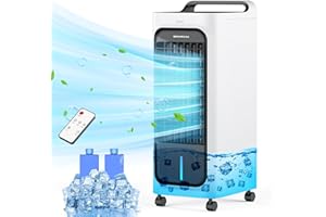 SENTICUM Portable Air Cooler, 5.5L Portable Air Conditioner with Remote Control, 3 Speed Air Conditioning Unit, 4-in-1 Cooling Fan, 12H Timer, Automatic Oscillation, 2 Ice Pack, Mobile Air Conditioner for Home