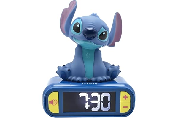 LEXIBOOK, Disney, Luz Nocturna de Stitch Despertador, Sonidos y melodías, Pantalla LCD retroiluminada, Luminoso, Snooze, Azul (RL800D)