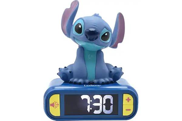 LEXIBOOK, Disney, Luz Nocturna de Stitch Despertador, Sonidos y melodías, Pantalla LCD retroiluminada, Luminoso, Snooze, Azul (RL800D)