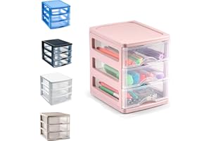 PLASTIFIC Unité de rangement de bureau en plastique avec tiroirs, tiroirs d'arts stationnaires pour bureau, chambre à coucher, garage (17 x 13,5 x 17 cm, rose avec 3 tiroirs transparents)