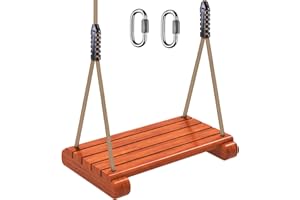 BeneLabel Huśtawka, drewniana huśtawka ogrodowa na plac zabaw z regulowaną liną 1,3-2 m i karabińczykiem, dla małych dzieci, nastolatków, do 226 kg, pomarańczowe