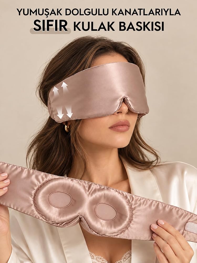 ICON SILK Premium 3D Tam Karanlık Saf İpek Uyku Maskesi - Işık Geçirmez Göz Bandı, Ayarlanabilir Bantı, Seyahat ve Günlük Kullanım İçin, Ayarlanabilir Tasarım (Pudra Pembe)