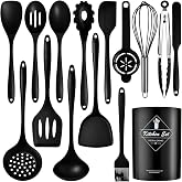 Silicone Kitchen Utensils Set (15 Piece) with Stainless Steel Handle Heat Resistant and Non-Stick Utensil Holder Dishwasher S