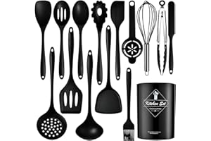 QWFHOME Set di 15 utensili da cucina in silicone con manici in acciaio inossidabile, resistenti al calore e antiaderenti, con portautensili, lavabili in lavastoviglie, neri (senza BPA)