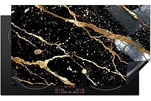 KitchenYeah© Protection Plaque Induction 90x52 cm Protege Deco Cuisine Cache Protège De Cuisson Accessoire Marbre - Noir - Or - Texture - 90x52 cm