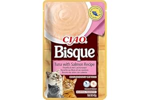 INABA Churu Bisque - Puré para Gatos - Snacks Receta Atún y Salmón - Premios Saludables - Sin Cereales, Conservantes, Colorantes - Sólo 16 Calorías - 40g