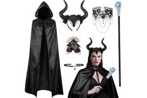 TANKERMO 6Pcs Halloween Kostüm Damen Set - Malefiecent Kostüm Teufel Kostüm Damen mit Zauberstäbe & Teufelshörner Haarreif & Gothic Accessorie,Böse Königin Umhang mit Kapuze Teufelkostüm Halloween Karneval