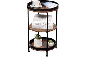 YEAKOO Industrial Nordic End Table, 3-Tier Round Side Table with Storage Shelf Edge Protection Tray, Sturdy Metal Frame Coffee Table Bedside Table for Living Room Bedroom Small Spaces/Rustic Brown
