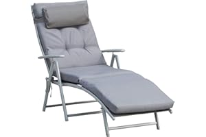 Outsunny Sonnenliege Strandliege Gartenliege klappbar verstellbar mit Kissen Garten Metall Stoff Grau 137 x 63,5 x 100,5 cm