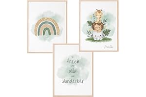 Mutzauber 3er Set Poster Kinderzimmer A4 | Bilder Kinderzimmer | Deko Babyzimmer Jungen Mädchen | Bilder Bär Tiere Bilder Kinderzimmer ohne Rahmen (grün, Tierfreunde)