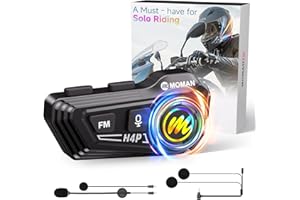 Moman Auriculares Casco Moto - Asistente de Voz, RS-H4P Manos Libres Auriculares Inalámbricos HiFi Estéreo Dual Reducción de Ruido Batería 1000mAh/RGB/Radio FM/Botón Apto para Guantes