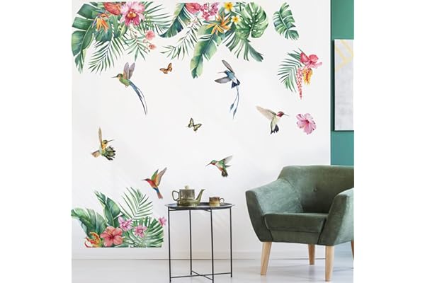 decalmile Stickers Muraux Feuilles Tropicale Autocollant Mural Plantes Verte Tropicales Fleurs Oiseaux Décoration Murale Chambre Salon Bureau