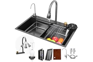 Fulgutonit Fregadero Cocina Multifuncional de Acero Inoxidable, Negro Gris Con Enjuagador de Taza de Grifo Retráctil y 4 Modos de Rociado, 75x46CM