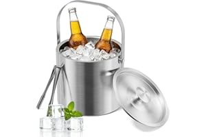 BugyKido 4L Seau à Glace en Acier Inoxydable, avec Couvercle et Pince, Récipient à Glaçons, Seau à Champagne, Rafraîchisseur Champagne, pour Bar Fêtes Barbecues, Fêtes