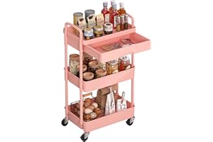 Dttwacoyh, 1 x 3 Tier Trolley with Drawers, Serving Trolley with Wheels, Beauty and Hair Plastic Bowl, Metal Tube and Metal Wheels Trolley, Serving Trolley for Living Room, Kitchen, Pink