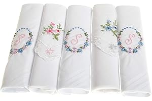 Surf the Shop Pack of 5 Ladies Initial Embroidered White Handkerchiefs with Satin Border and Matching Floral Handkies, Various Letters