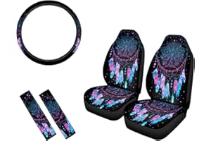 NETILGEN Mandala Dream Catcher Autositzbezüge 2 Stück Vordersitzbezüge/ 1 Stück Lenkradbezug / 2 Stück Sicherheitsgurtpolster Auto Combo Universal für Auto LKW SUV, ideal für Dame Autodekor-Zubehö