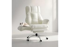 HOMRELEXA Bürostuhl Chefsessel Ergonomisch, Gaming Stuhl mit Fußstütze & 135° Verstellbarer Rückenlehne, Drehstuhl mit klappbaren Armlehnen, Hochlehner aus Teddy-Fleece Stoff – Beige