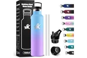 KollyKolla Borraccia Termica 1 litro, Bottiglia d'acqua senza BPA, Borraccia in Acciaio Inossidabile con Cannuccia, a Prova di Perdite, Riutilizzabile, Borracce per Ufficio, Sport, Ciclismo, Lavoro