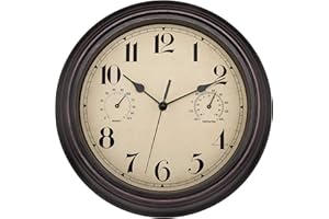 Foxtop Horloge Murale Extérieure Étanche avec Thermomètre & Hygromètre - Design Vintage Silencieux sans Tic-Tac 30 cm Décoration Jardin, Salle de Bain, Cuisine, Véranda (Brun)
