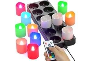 SoulBay Bezpłomieniowe świece elektryczne z pilotem zdalnego sterowania i podstawą ładującą, migoczące wielokolorowe i RGB do domu, pokoju, na imprezę, Halloween, dekoracje świąteczne, 12 szt