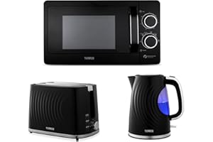 Tower Sonar 1.7L 3KW Kettle, 2 Slice Toaster & T240242BLK 800W 20L Microwave in Black. Stylish Kettle, Toaster Set & Microwave Set