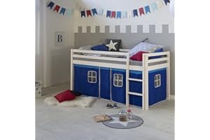‎HOMESTYLE4U Homestyle4u 519, Kinderbett 90 x 200 Weiß Blau Hochbett mit Treppe Vorhang Bettgestell Holz Kiefer Kinderzimmer