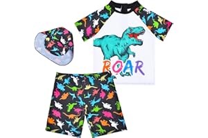 AUSLETIE Boys Two Pieces Swimsuit Set Short Sleeve Kids Rash Guard Dinosaur Boys Bathing Suit with Sun Cap for 2-6 Years