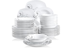 VEWEET ZOEY 48pcs Service de Table Pocelaine 12pcs Assiettes Plates 25,1cm, Assiette Creuse 21,6cm, Assiette à Dessert 19cm, Bols à Céréales 17cm Vaisselles pour 12 Personnes Fleuri