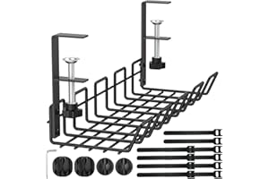 Mokani Cable Management Under Desk Tray No-Drill Wire Organiser Clamp for Cables and Power Strips Storage Metal Basket for Office Home Standing Desk, Black