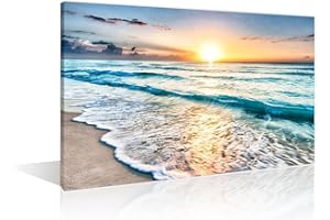 TISHIRON Wall Decorations Beach Sunset Wave For Home Modern Decor Blue Ocean Sea Painting Pictures Print On Canvas Wall Art Wooden Frame Ready To Hang(24X16in)