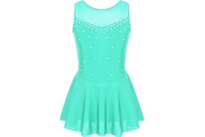 Aislor Niñas Vestido de Patinaje Artístico Maillot de Gimnasia Elástico sin Mangas con Diamantes Leotardo de Baile Traje Ropa de Patinador Vestido de Danza