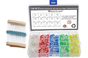 Waycreat 750pcs 3mm LED Light Emitting Diodes Round Head Milky Assorted Kit (5 Colors x 150pcs, Also 100pcs 200ohm resistors Included)