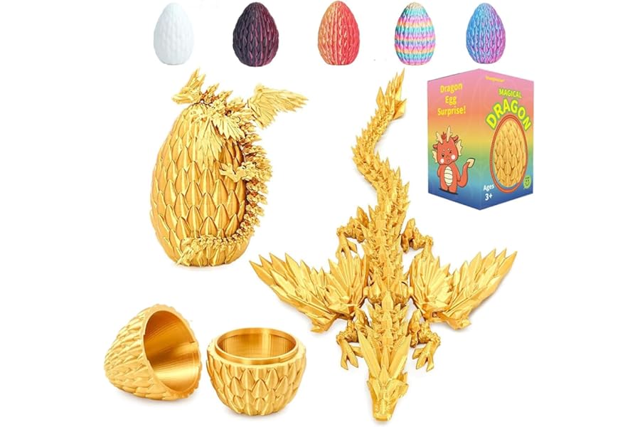 Shangkanlan 3D Printed Dragon in Egg - Fully Articulated Crystal Figurine for Christmas Easter Birthdays, Executive Desk Decor (Golden)