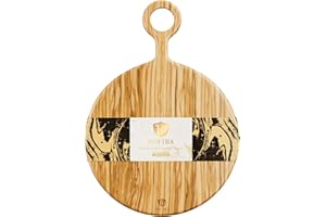 Dofira Tabla de cortar redonda de madera de olivo con asa de agarre, tabla de servir decorativa de madera para mostrador de cocina, tabla de charcutería con asa de anillo para queso pizza pan carne