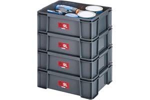 SUNDIS Master Box, lot de 4 bacs de rangement 9L en plastique recyclé, robustes et renforcés, parois droites, superposables et combinables, idéals pour l’atelier, le bricolage ou le transport