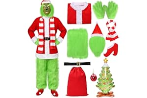 Ansamy Disfraz De Grinch Navideño para Hombres, Disfraz de Papá Noel Verde para Adultos, Conjunto Traje de Naviño Santa Claus Para Fiesta Navidad Año Nuevo y Cosplay