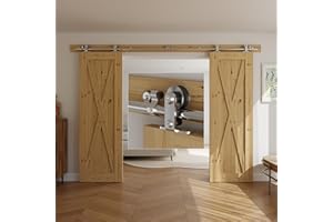 BONIKLUBA Rail Porte Coulissante Inox Double 244cm Kit Roulette Suspendue Systeme Noir pour 2 Porte Coulissante Interieur 61cm Large, Acier Inoxydable T Forme