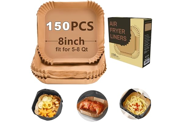 UMETRE air fryer paper liners, 150pcs disposable airfryer liners parchment papers, square 8inch Non-stick sheets, air fryer liners disposable basket, Free of Bleach