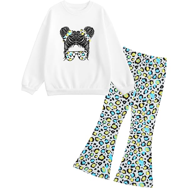 Generisch Tuta per bambini e ragazze, set di abbigliamento autunnale, pantaloni sportivi casual con pantaloni a zampa, set a maniche lunghe, per compleanni, feste, adolescenti, 4-12 anni