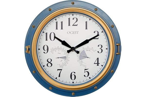 OCEST Horloge de jardin étanche de 40,6 cm, grand thermomètre, hygromètre, design rétro, sans tic-tac, fonctionnement à pile, pour décoration de maison et patio (bleu)